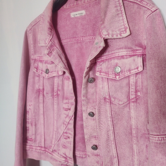 Acid Washed Pink Denim Jean Jacket. Waist Length, Long Sleeve - Picture 3 of 15
